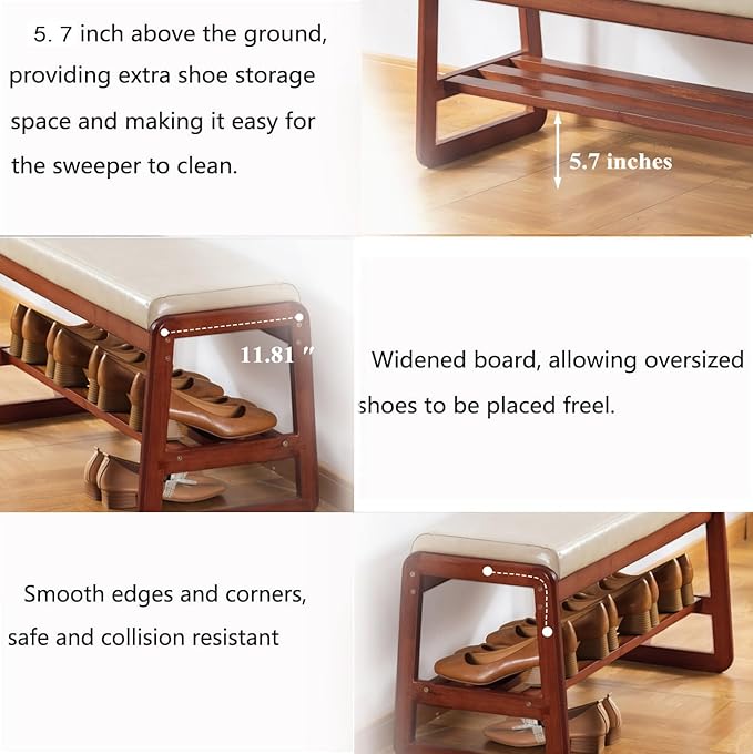 Solid Wood Shoe Bench, 2-Tier Wooden Entryway Bench, Modern Shoe Rack with Faux Leather Cushion for Hallway, Living Room (Gray, 31.5'')