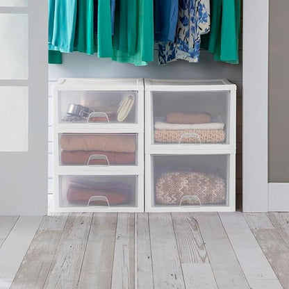 Sterilite 27 Qt (4 Pack) and 16 Qt (6 Pack) Clear Plastic Stackable Organizer Drawers, White