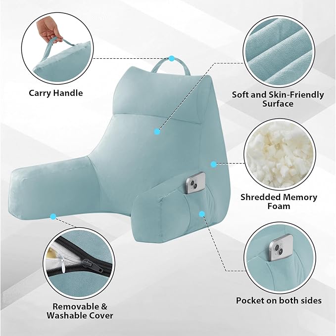 IPYNBAP Reading Pillow with Arms For Adult, Back Pillow for Bed Sitting Up, Shredded Memory Foam Backrest Pillow with Pockets & Removable Washable Cover, Lounging, Watching TV, Reading(20in Lake Blue)
