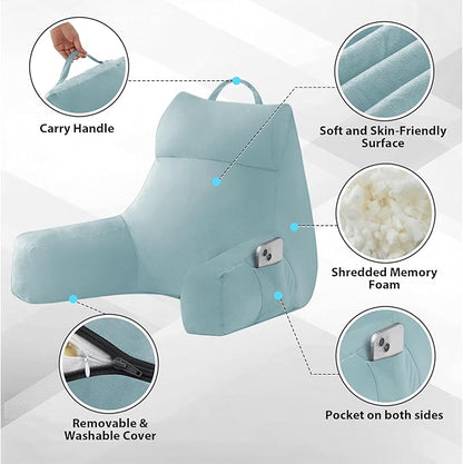 IPYNBAP Reading Pillow with Arms For Adult, Back Pillow for Bed Sitting Up, Shredded Memory Foam Backrest Pillow with Pockets & Removable Washable Cover, Lounging, Watching TV, Reading(20in Lake Blue)