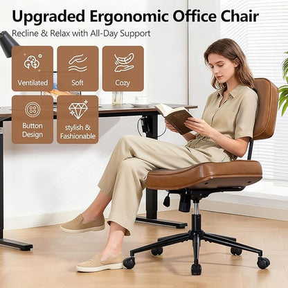 Armless Office Chair with Wheels, Adjustable Height Desk Chair Leather Swivel Computer Chair, Modern Walnut Office Side Chair for Meeting Room Office, Brown