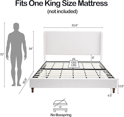King Size Upholstered Bed Frame, Harper 54" Tall Headboard Platform Beds, Wingback Headboard Bedframes/No Box Spring Needed/Easy Assembly/Elegant Simplicit, Ivory Chenille