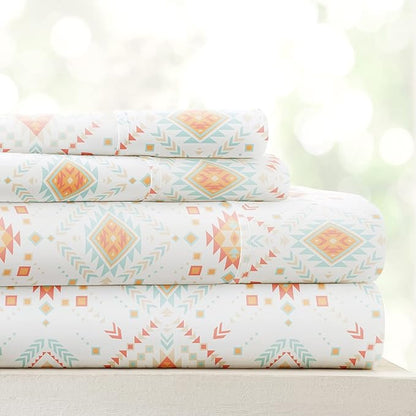 Linen Market Patterned Microfiber Queen Sheet Set 4 Piece – Oeko-TEX Certified Ultra Soft & Wrinkle-Free - 16" Deep Pocket Sheets - Easy Care Queen Size - Aztec Dreams Coral