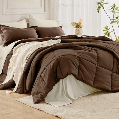JOLLYVOGUE California King Comforter Set, Ultra-Soft Bed in a Bag Cal King Size 7 Pieces, Oeko-TEX Certified Bedding Set with Down Alternative Comforter, Sheets, Pillowcases & Shams, Brown & Beige