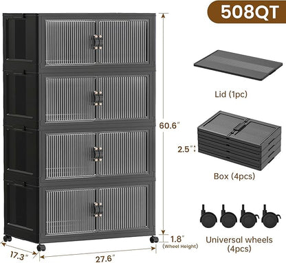 SAILUN 127Gal/508Qt Stackable Storage Bins Folding Collapsible Storage Bins with Lid, Closet Organizers and Storage Box with Door Black 28" W x 17" D x 61" H