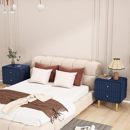 HLR Modern Nightstand Set of 2, Fluted Bed Side Table with 2 Drawers Storage, Wood End Table with Gold Metal Handle, Blue Night Stands for Bedroom