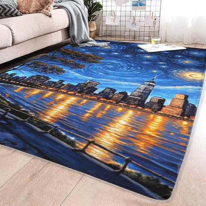 Machine Washable 2' x 3' Oil Painting-Style Area Rug, Bule Floor mat, Suitable for bedrooms, Girls' Room Bedside, Living Room, Dining Room, Office, Non-Slip Low-Pile Stars and Swirls Carpet