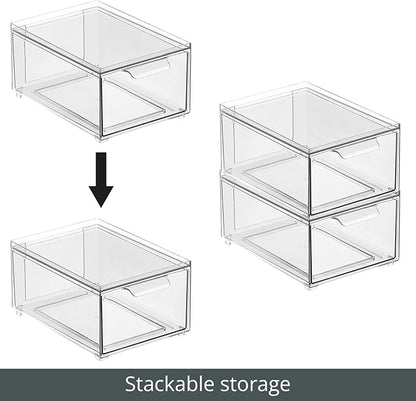 mDesign Stackable Storage Containers Box with Pull-Out Drawer - Stacking Plastic Drawers Bins for Kitchen Pantry and Cupboard, Cabinet, Counter, Island and Tables - Lumiere Collection - 2 Pack - Clear