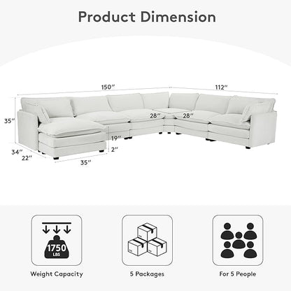 ROWHY 150'' Modular Sectional Corner Cloud Couch, 7 Seater Sofa Big Comfy Corduroy V Shaped Couch with 4 Throw Pillows, Movable Ottoman, Couches for Living Room Office Light Grey