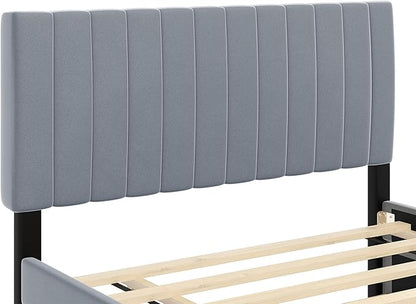 Full Bed Frame with Trundle Bed,Velvet Upholstered Platform Bed Frame,Full Size Trundle Bed with Headboard for Kids Teens Adults(Gray)