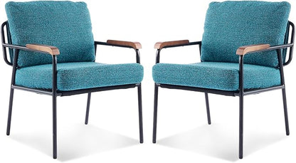 VINGLI Mid-Century Modern Accent Armchiars Set of 2 for Small Space, Small Comfy Upholstered Leisure Reading Chairs with Wood Armrests for Bedroom, Living Room, Waiting Room, Linen Teal