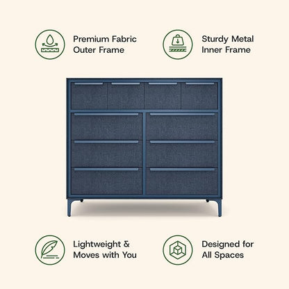 Naima Premium Fabric Dresser - Strong Metal Frame, 10 Spacious Sag-Proof Drawers with Sleek Metal Handles - Premium & Durable Storage Solution for Your Home (Navy)