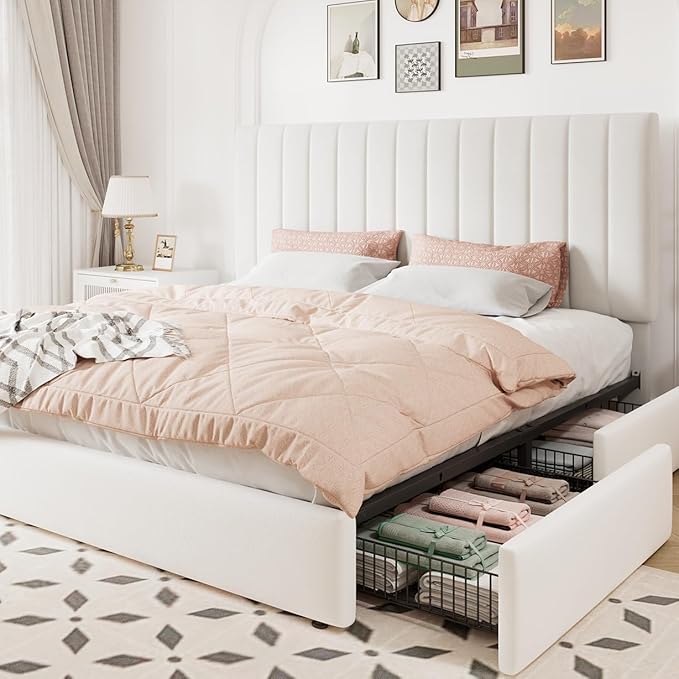 Allewie King Size Storage Bed Frame, Vertical Channel Tufted Adjustable Headboard, Velvet Upholstered Platform Bed with 4 Oversized Underbed Drawers, Wooden Slats Support, No Box Spring Needed, White