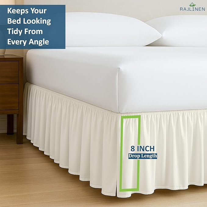 Rajlinen Ruffled Bed Skirt Queen, 8 Inch Drop Dust Ruffle with Split Corners, 100% Microfiber Bedskirt with Platform, Three-Sided Coverage Ruffled Gathering Design, Ivory