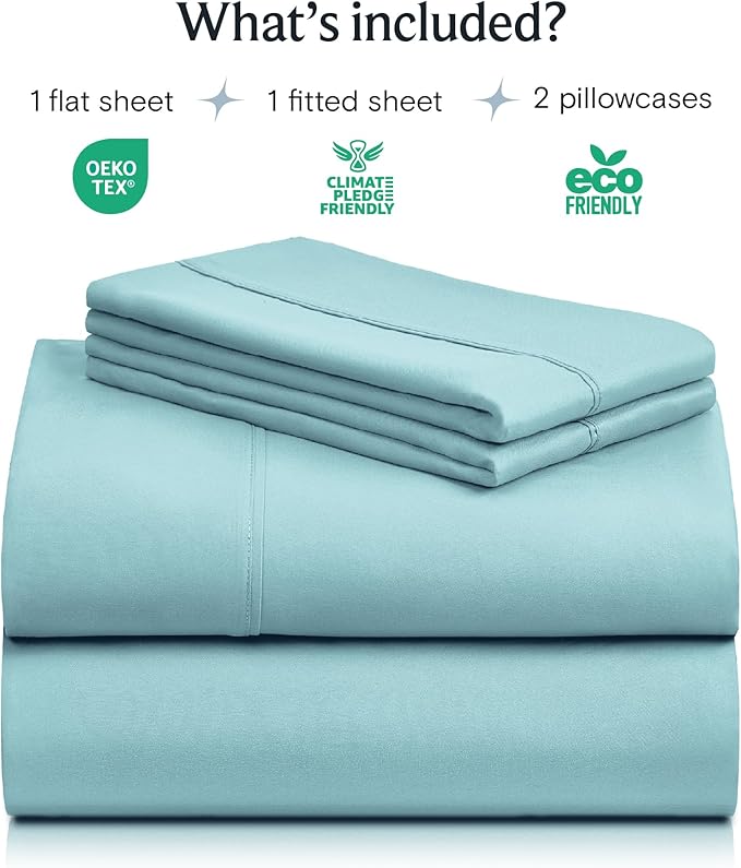 LuxClub 4 PC Queen Sheet Set, Deep Pockets Wrinkle Free Cooling Bed Sheets Hotel Bedding for Women, Men, Includes 1 Fitted Sheet, 1 Flat Sheet and 2 Pillowcases-Silky Soft Aqua