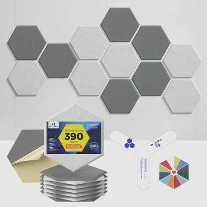 Self-Adhesive Acoustic Panels [390 lbs/yd³ Ultra-High Density], 2nd Generation Sound Absorbing Panel, Professional Level Sound Panel, Polyester Soundproof Foam [Size M, MoonGrey & SilverGrey]
