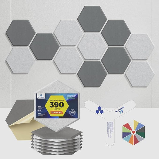 Self-Adhesive Acoustic Panels [390 lbs/yd³ Ultra-High Density], 2nd Generation Sound Absorbing Panel, Professional Level Sound Panel, Polyester Soundproof Foam [Size M, MoonGrey & SilverGrey]