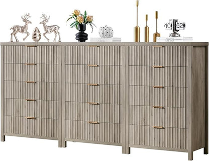 5 Drawers Dresser for Bedroom, 44 Inches Tall Modern Bedroom Dressers, Chest of Drawers for Bedroom, Fluted Dresser for Closet Organizer for Living Room, Hallway, Entryway (Grey Oak, 3 Pieces)