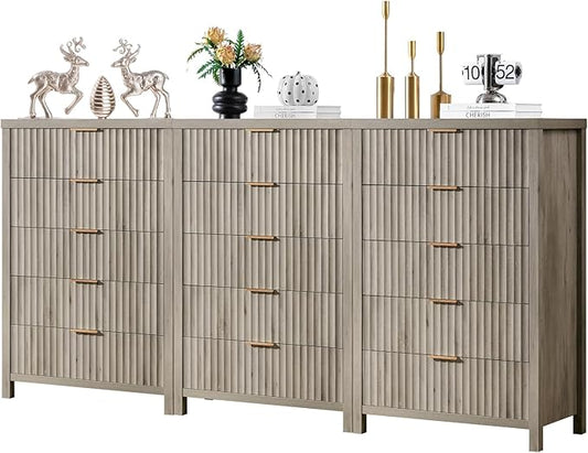 5 Drawers Dresser for Bedroom, 44 Inches Tall Modern Bedroom Dressers, Chest of Drawers for Bedroom, Fluted Dresser for Closet Organizer for Living Room, Hallway, Entryway (Grey Oak, 3 Pieces)
