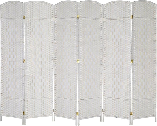 VINGLI 6-Panels Tall Rattan Room Divider, 6 FT Folding Privacy Screen, Indoor Partition Wall Dividers, Freestanding Hinged Space Separator (White)