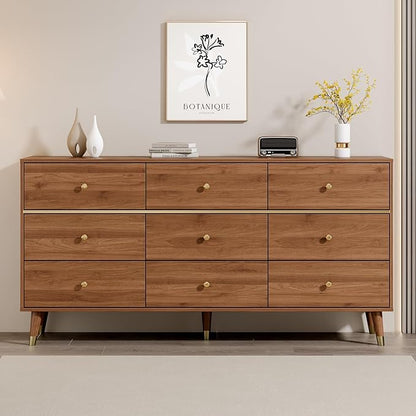 9 Drawer Dresser,63" Wide Mid Century Modern Chest of Drawers,Wooden Bedroom Drawer Dresser with 9 Storage Drawers for Bedroom, Living Room,with Anti-Tipping Device,Walnuts