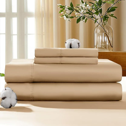 LBRO2M 100% Cotton Sheets Set Deep Pocket 19", 1000 Thread Count King Size 4 Piece Bed Sheet Sets Soft Comfortable Bedding All Season (King, Cream)