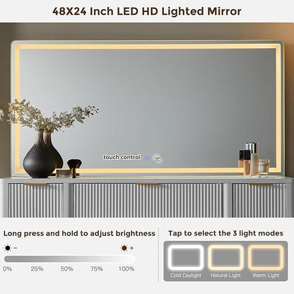 T4TREAM 48" Fluted Makeup Vanity Desk with 48" Large Mirror and HD LED Lights, Modern Vanity Table with 9 Drawers & Charging Station, Glass Top and Golden Handles Dressing Table for Bedroom, White