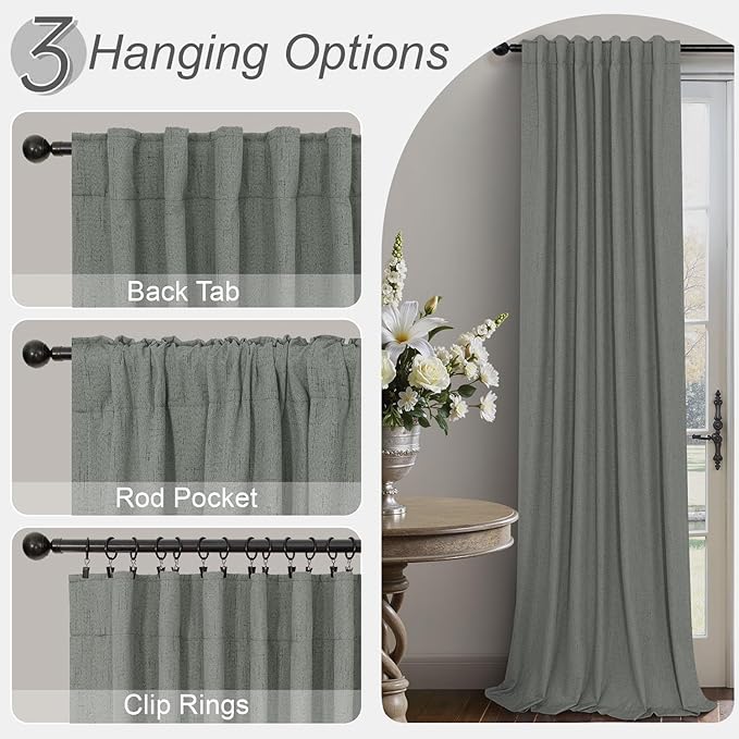 Gray Blackout Curtains 96 Inches Long 2 Panel Burg Linen Textured Charcoal Dark Grey Room Darkening Curtains for Bedroom Office Insulated Thermal Curtains for Summer Heat Light Blocking Divider Drapes
