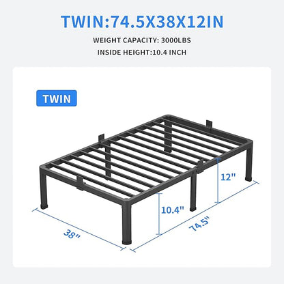 MAF 12 Inch Twin Metal Platform Bed Frame with Round Corner Legs, Mattress Slide Stopper, 3000 LBS Heavy Duty Steel Slats Support, No Box Spring Needed, Noise Free