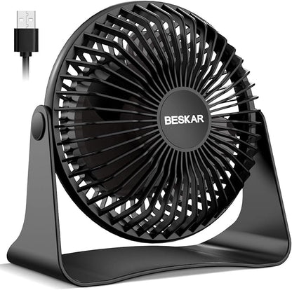 BESKAR USB Small Desk Fan, Portable Fans with 3 Speeds Strong Airflow, Quiet Operation and 360°Rotate, Personal Table Fan for Home,Office, Bedroom - 3.9 ft Cord