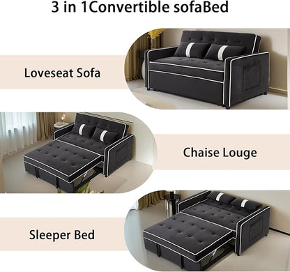 Convertible Sofa Bed, 3-in-1 Loveseat Futon Sofa Bed with 3-Position Adjustable Backrest & Side Pocket, Modern Velvet Fabric Pull Out Couch for Living Room, Small Spaces (Black)