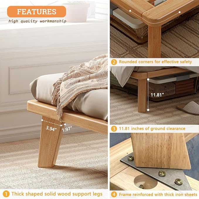 Twin-XL Platform Bed Base - 14 Inch Solid Wood Mattress Foundation with Support Slats and Legs, Twin XL Size Rubberwood Simple Bed Frame
