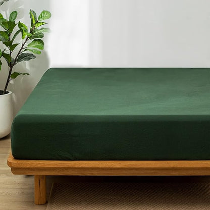 MooMee Fitted Bottom Sheet Only 100% Washed Cotton Linen Like Textured Breathable Durable Soft Comfy Deep Pocket Fits Mattress up to 17" (Forest Green, Queen)