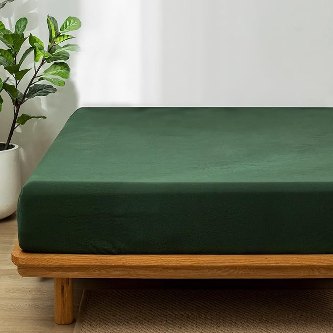 MooMee Fitted Bottom Sheet Only 100% Washed Cotton Linen Like Textured Breathable Durable Soft Comfy Deep Pocket Fits Mattress up to 17" (Forest Green, Twin)