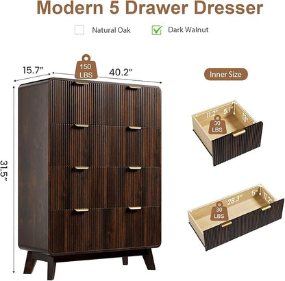 QUW Fluted Dresser for Bedroom with 5 Drawers, Modern 40.2" Tall Drawer Dressers with Metal Handle, Wooden Chest of Dresser for Living Room, Hallway, Dark Walnut