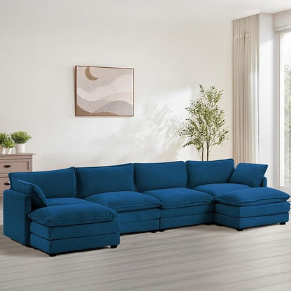 148'' Sectional Modular Cloud Couch, Oversized U Shaped 4 Seat Sofa with 2 Movable Ottomans, 2 Throw Pillows, Upholstered Corduroy U Shape Comfy Deep Couches for Living Room and Office, Blue