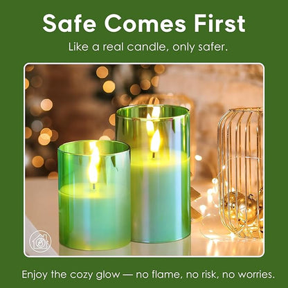 Eywamage Green Glass Flameless Pillar Candles with Remote, Flickering Christmas Battery LED Candles Holiday Decor Set of 3