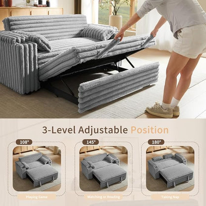 68.11" Corduroy Sleeper Chair Bed with USB Port, Cup Holders & Side Storage Pockets – 3-in-1 Foldable Sofa Bed for Guest Room, Living Room– Gray