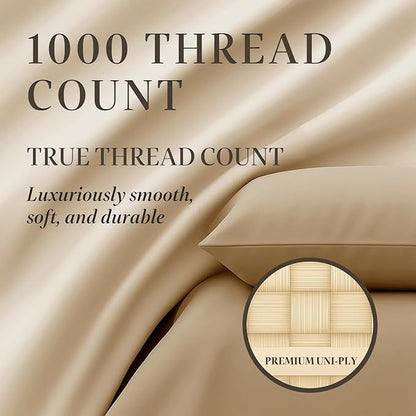 Hyde Lane Luxury 1000 Thread Count 100% Cotton Sheets | Very Soft & Thick - Fits Upto 20" Mattress | Sateen Weave Bed Sheets 18" Deep Pocket- 4 PC Sheet Set (Taupe, Queen)