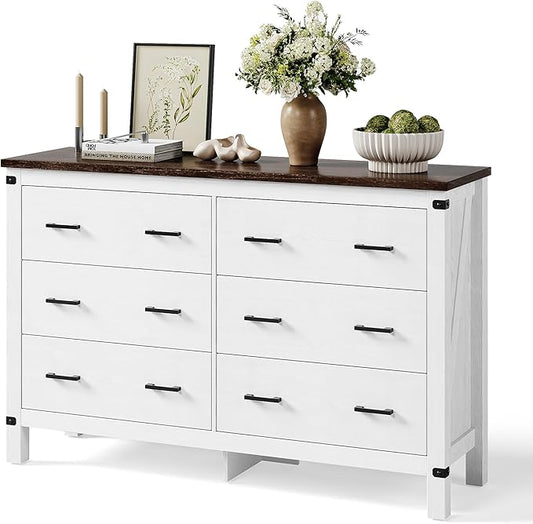 LINSY HOME Farmhouse 6 Drawer Double Dresser for Bedroom, 53” Wide Rustic Wood Chest with Deep Drawers, Modern Dressers with Storage and Metal Handles for Closet, Living Room, Hallway, Off White