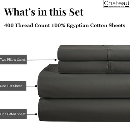 CHATEAU HOME COLLECTION California King Sheet Sets, 400 Thread Count Cotton Bed Sheets Deep Pocket Fits Upto 17", Soft & Comfy Cal King Sheets- Charcoal