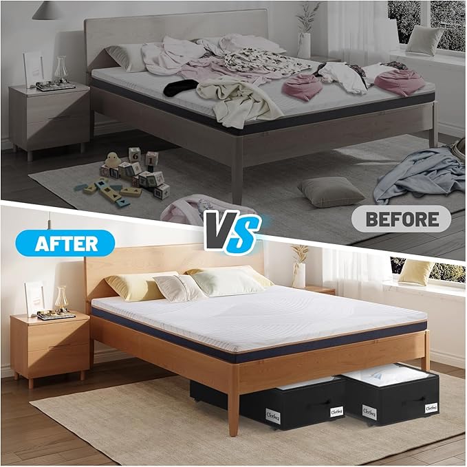 Under Bed Storage with Wheels, 2-Pack 10" Height XXL 60L Rolling Storage Bins, Quick Assembly Underbed Shoe Storage Containers with Clear Lid & Label, Dorm Under bed Drawers for Clothes, Shoes, Black