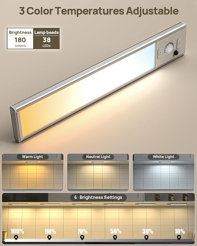 Under Cabinet Lights Wireless,Motion Sensor Light Indoor Closet Lights with Remote Control,3 Color Temps,LED Rechargeable Battery Operated,Under Counter Lights for Kitchen,Wardrobe,Hallway,Stairs