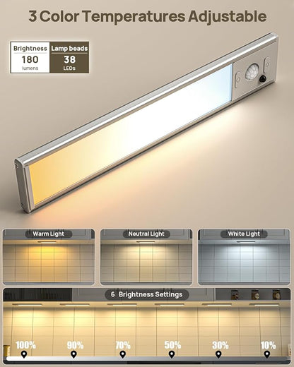 Under Cabinet Lighting with Remote Control,USB Rechargeable 180 Lumen LED Motion Sensor Light Indoor,Wireless Under Counter Light,3 Color Dimmable Closet Light for Bedroom,Wardrobe,Stairs,4 Pack
