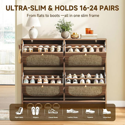 Nicetree Freestanding Ultra Slim Arched Rattan Accent Shoe Storage Cabinet for Entryway - 4 Flip Drawers & 3-Tier Adjustable Shelves, Farmhouse Modern Rustic Shoe Rack for Hallway, Foyer