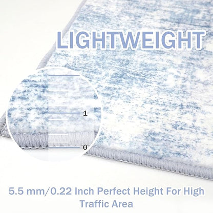 IOHOUZE Abstract Area Rugs 8x10 Ft Washable Large Rugs for Living Room, Non Slip Dining Room Rug, Printed Faux Wool Rugs for Bedroom, Floor Carpet for Office Nursery Playroom, Light Blue White