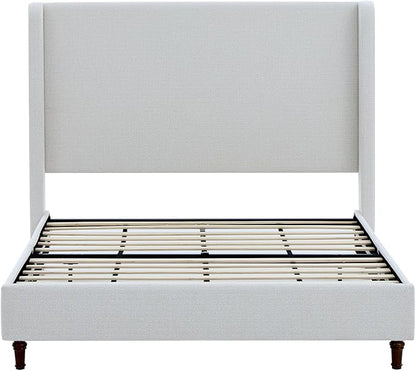 Queen Size Upholstered Bed Frame, 54" Tall Headboard Curved Wingback Platform Bed Frame/Elegant Boucle Bed Frame for Bedroom/ Wood Slats Support/No Box Spring Needed/Easy Assembly/Cream White Boucle
