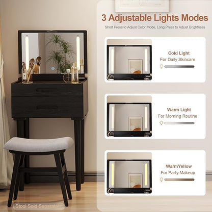 Solid Wood Small Vanity Desk with Mirror and Lights, Narrow Makeup Vanity for Small Space, Flip Top Vanity Side Table, 3 Color Modes & Adjustable Brightness, 19.6" Slim Dressing Table, Black
