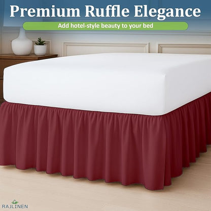 Rajlinen Ruffled Bed Skirt Queen, 10 Inch Drop Dust Ruffle with Split Corners, 100% Microfiber Bedskirt with Platform, Three-Sided Coverage Ruffled Gathering Design, Burgundy