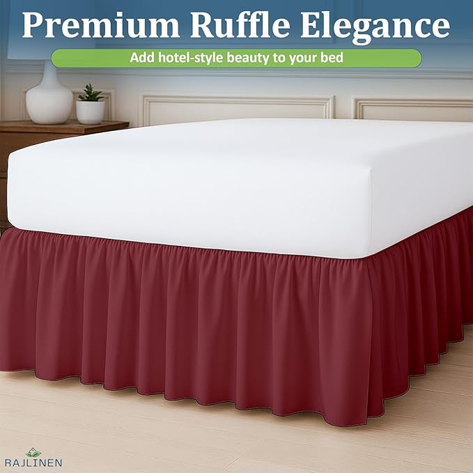 Rajlinen Ruffled Bed Skirt Twin, 21 Inch Drop Dust Ruffle with Split Corners, 100% Microfiber Bedskirt with Platform, Three-Sided Coverage Ruffled Gathering Design, Burgundy